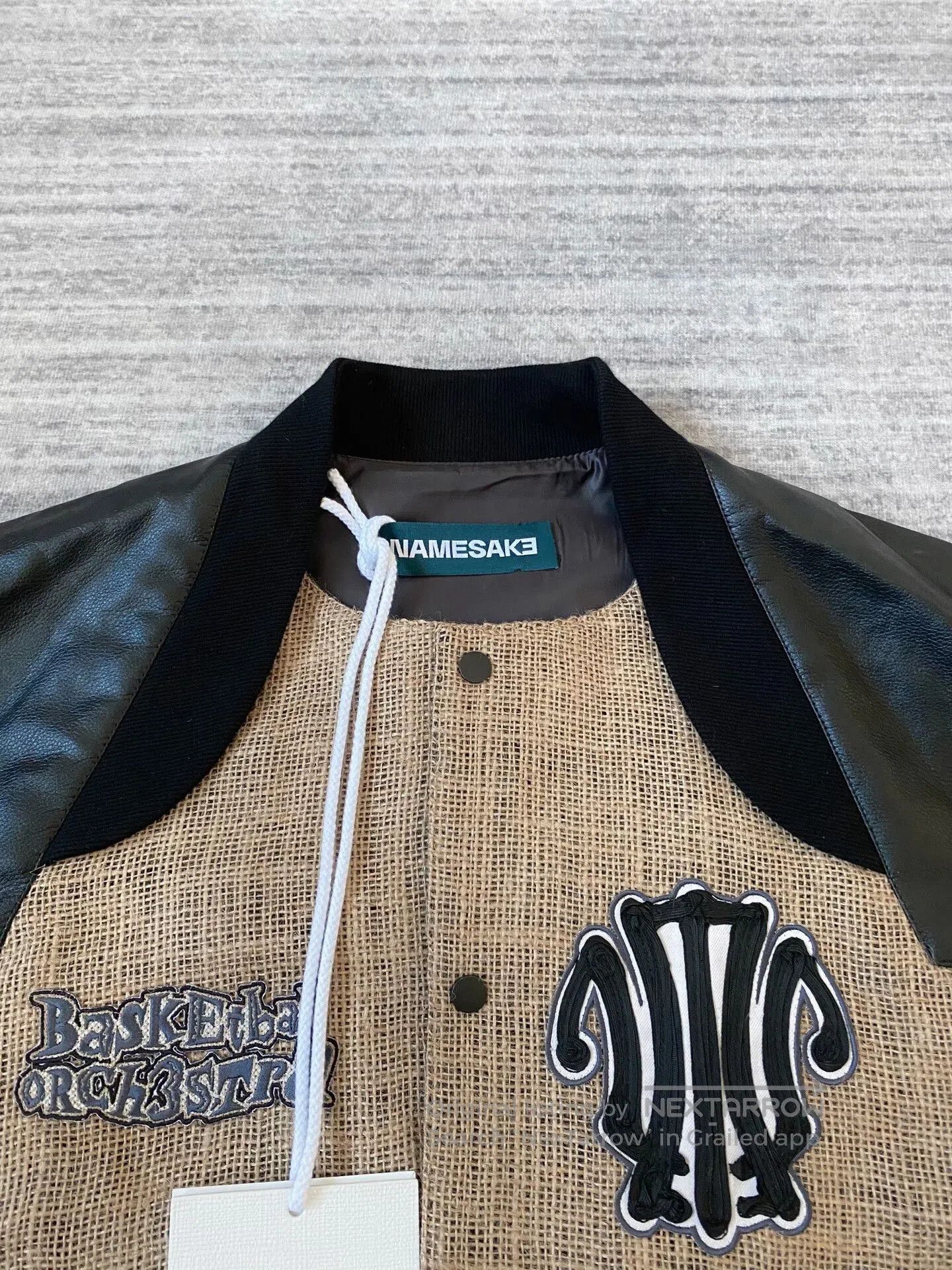 NAMESAKE beige baseball jacket with leather sleeves. Size US M / EU 48-50 / 2 - 4 Thumbnail