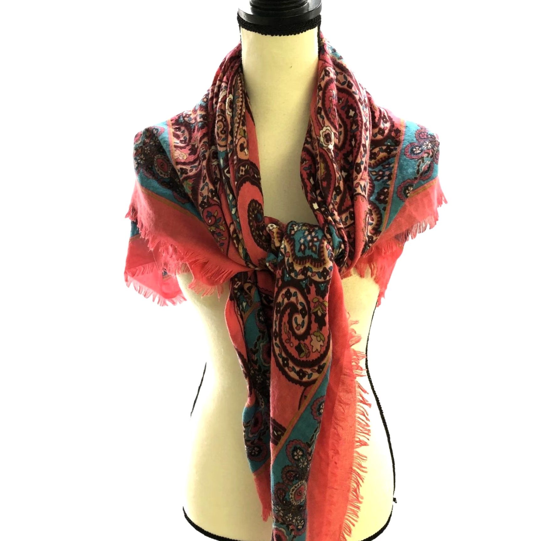 Loft VINTAGE Loft Square Fringe Scarf Womens Paisley Print Pink Blue Boho Shawl Neck Size ONE SIZE - 4 Thumbnail