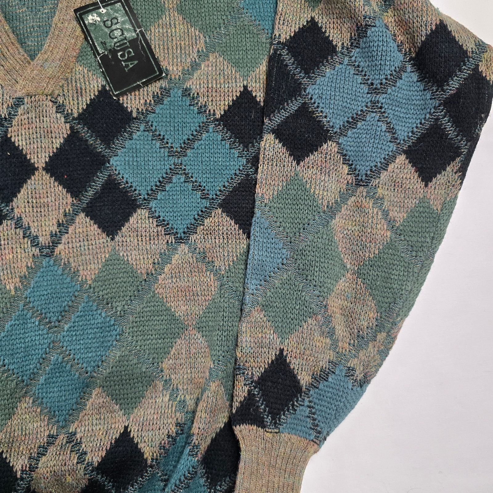 Vintage Vintage Scusa Argyle Diamond VNeck Sweater S Brown Green 90s Size US S / EU 44-46 / 1 - 2 Thumbnail