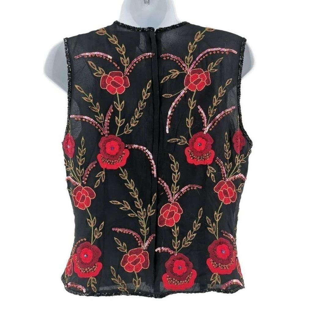 Vintage Vintage Black Silk Top with Red Hand Embroidered Design Size L / US 10 / IT 46 - 2 Thumbnail