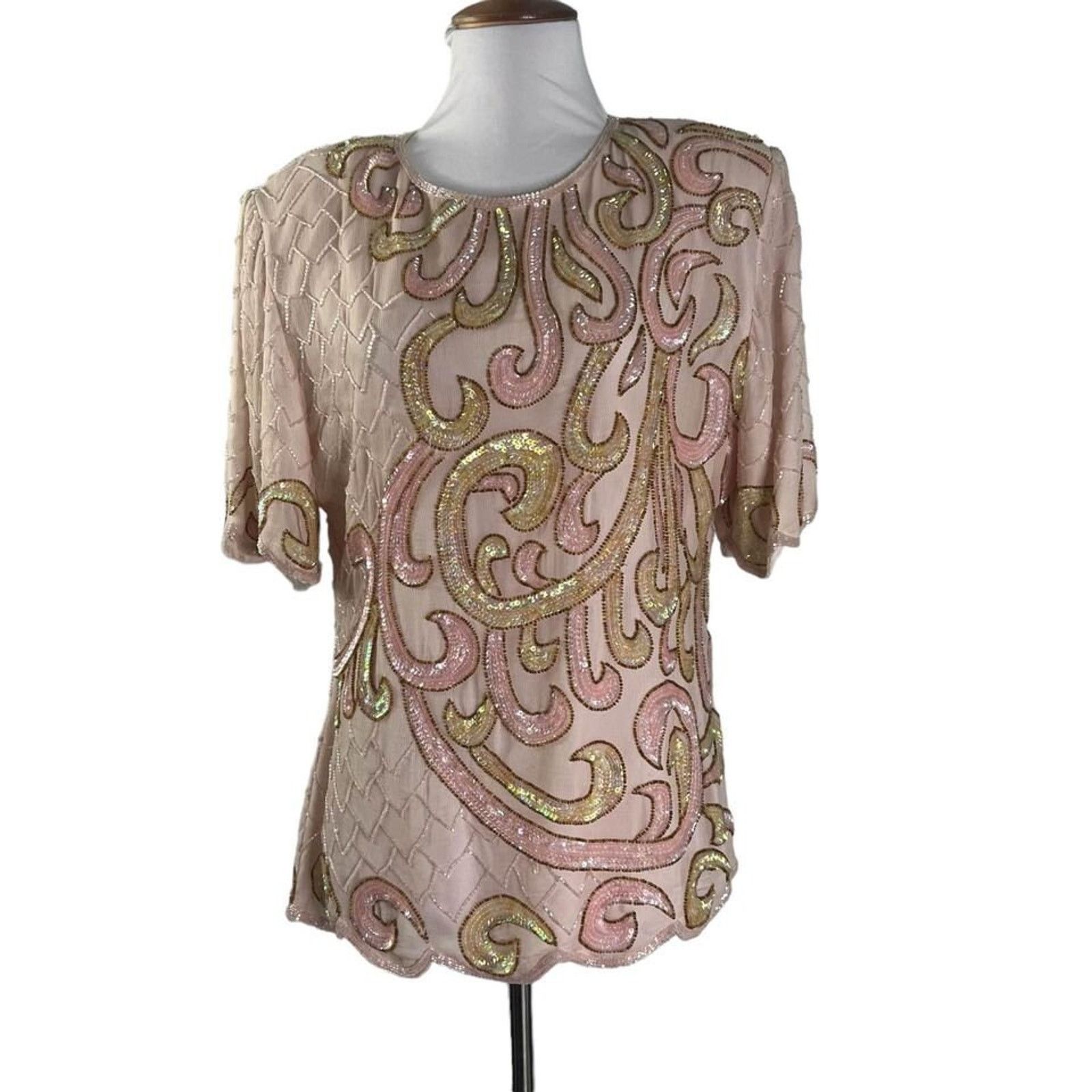 & Other Stories Vintage 80s Rina Z Pink Sequined Blouse Top L Size L / US 10 / IT 46 - 2 Thumbnail