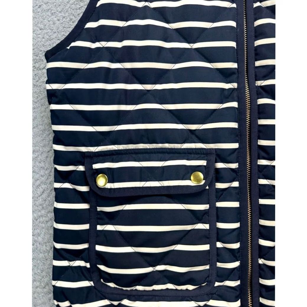 J.Crew J.CREW Goose Down Puffer Vest Womens Small Navy White Striped Full Zip Ladies Муж Size S / US 4 / IT 40 - 6 Thumbnail