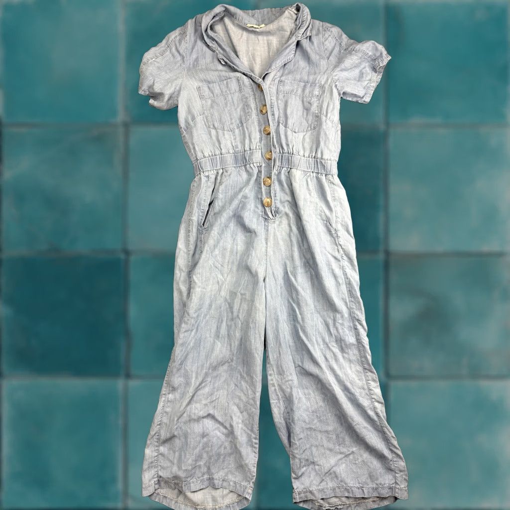 Vintage ROOLEE Jumpsuit Womens Medium Blue Chambray Button Front Short Sleeve Pockets Size 32" / US 10 / IT 46 - 1 Thumbnail