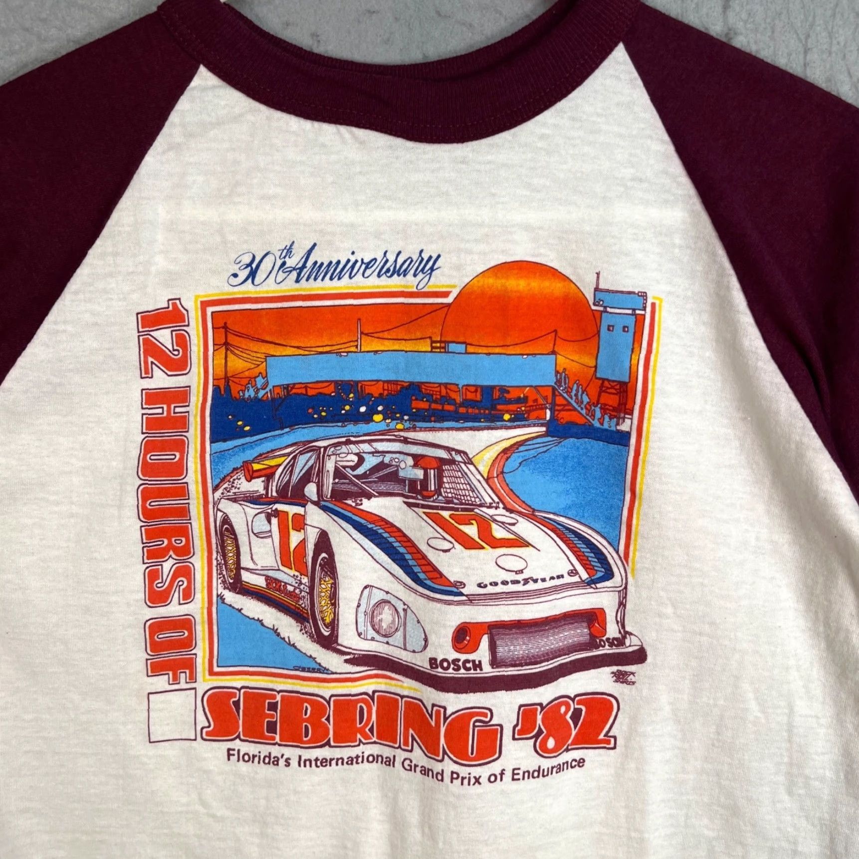 Vintage VINTAGE 1982 12 Hours Sebring 30th Anniversary Raglan T Shirt Porsche Bantams Large Mens White Cotton Graphic Tee Sportswear/Beach Size US L / EU 52-54 / 3 - 4 Thumbnail