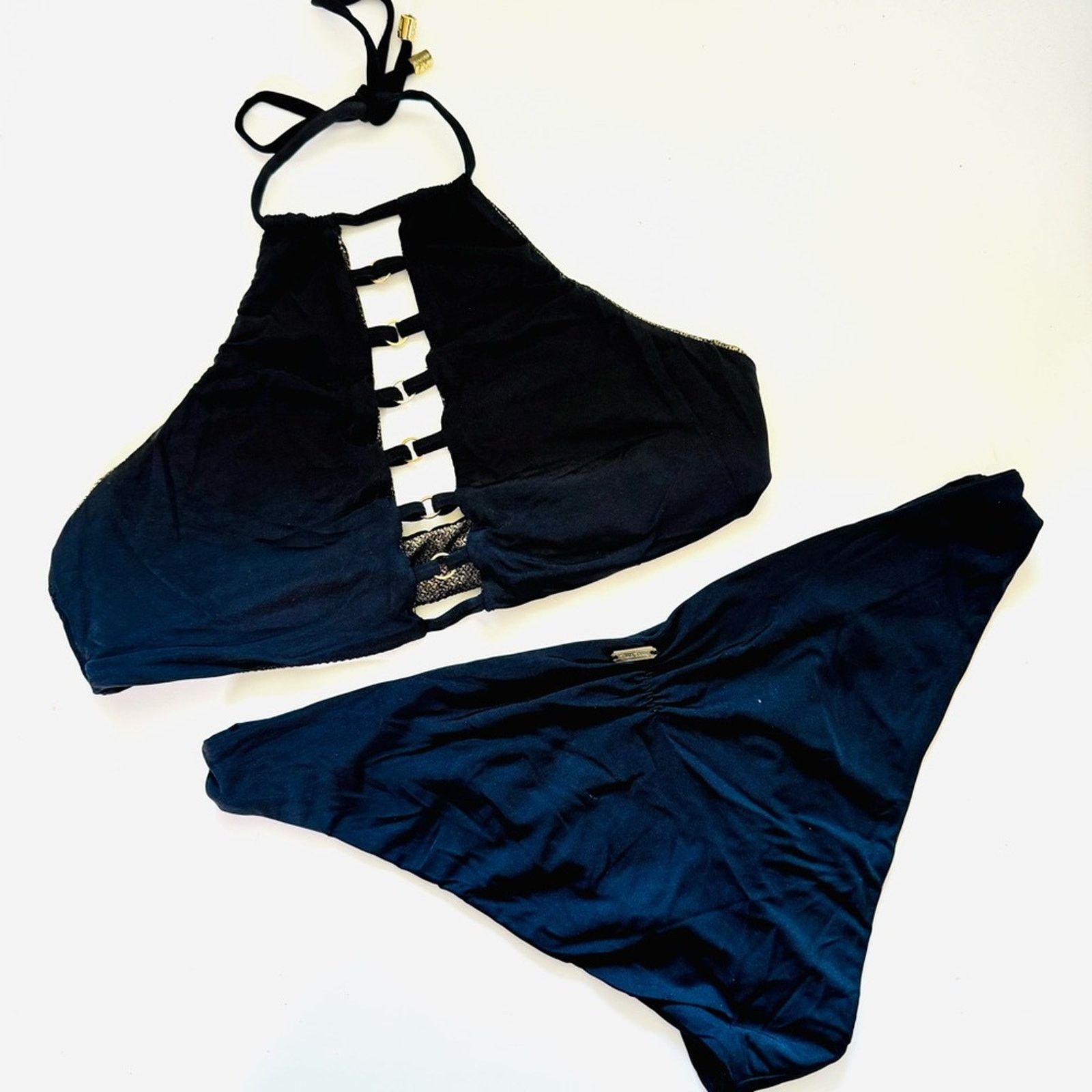 REVOLVE BEACH BUNNY Bronze Fools Gold Halter Bikini Top Black Bottom Size ONE SIZE - 11 Thumbnail