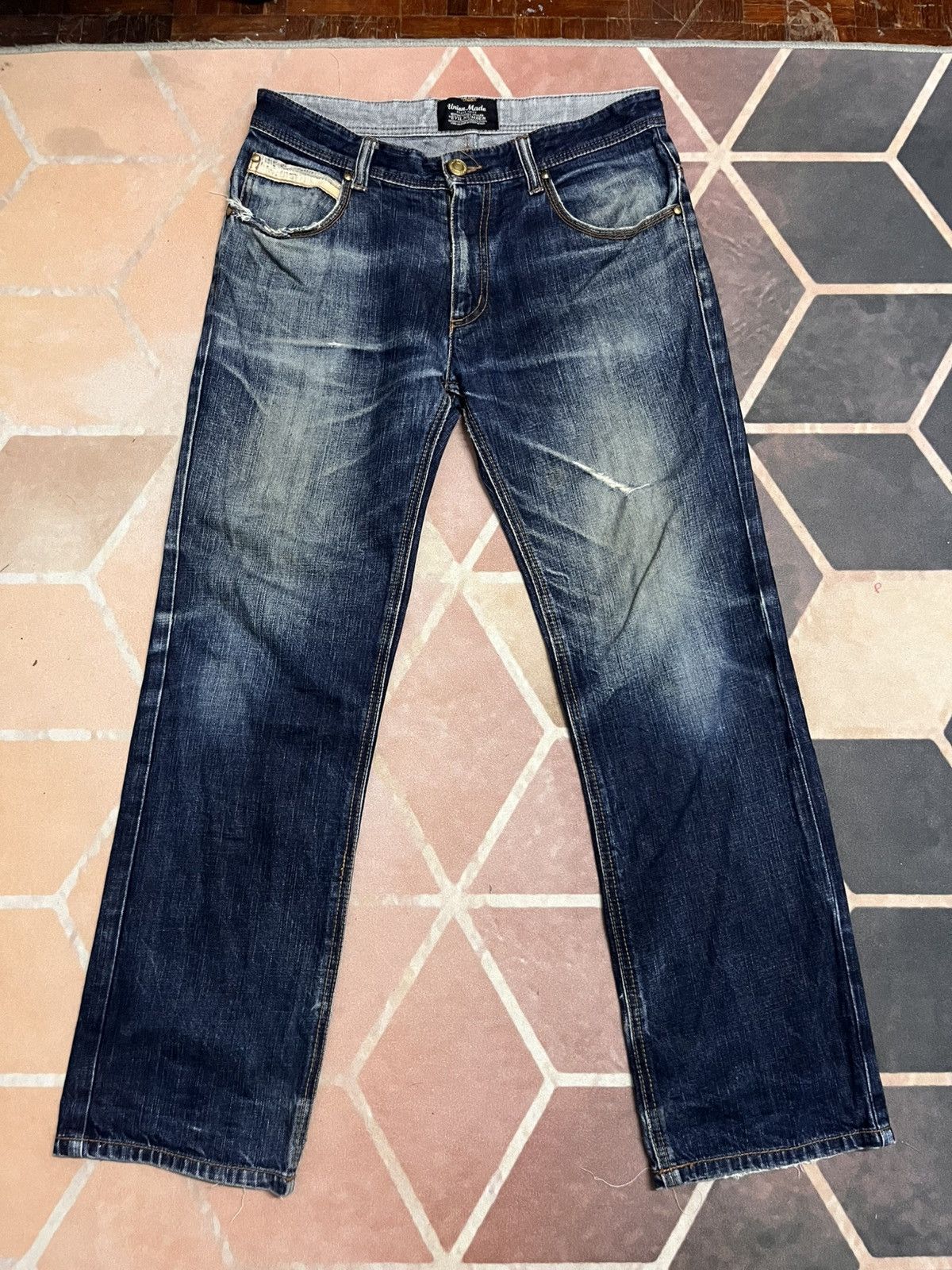 Japanese Brand Evil Number Japan union made distressed big e type fabric Size US 33 - 3 Thumbnail