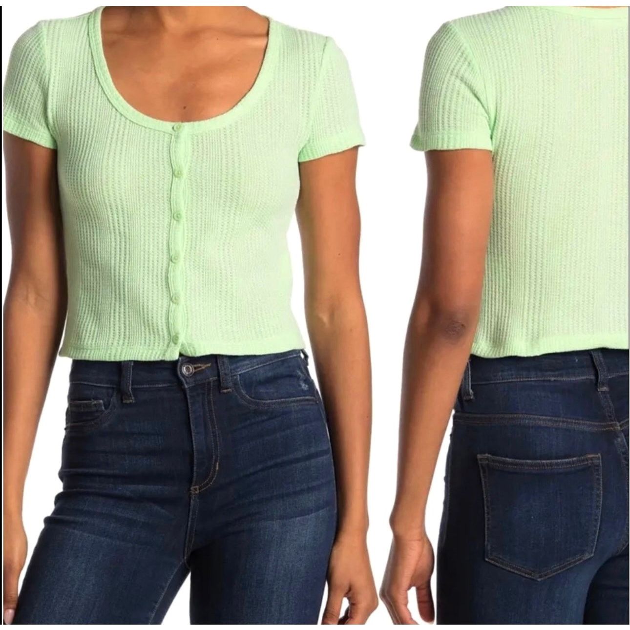 Other Elodie Waffle Knit Short Sleeve Button Up Crop Top Green XL Size XL / US 12-14 / IT 48-50 - 2 Thumbnail