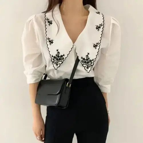 Japanese Brand Blouse Flower Half Sleeve White Shirt Spring Autumn Womens Size M / US 6-8 / IT 42-44 - 3 Thumbnail