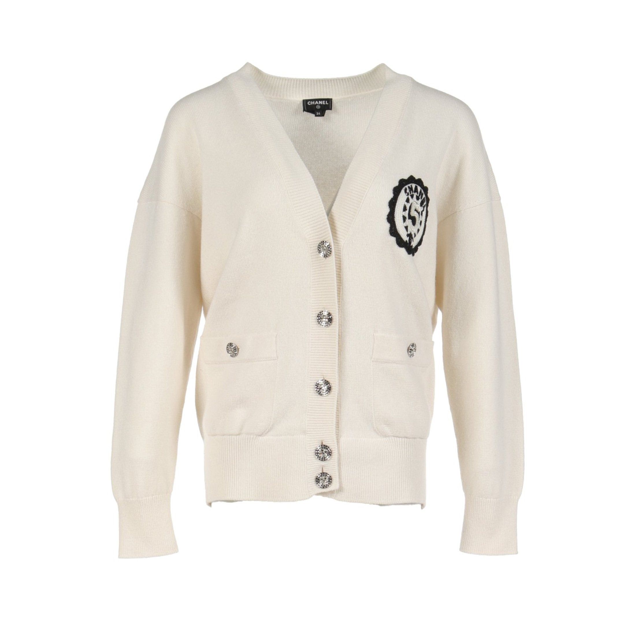 image of Chanel No.5 Applique Cardigan Cashmere Ivory Rhinestone Beads 2023 Cruise, Women's