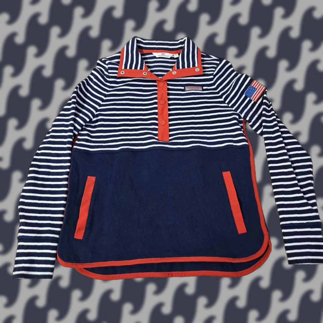 Vineyard Vines Vineyard Vines Pullover Womens XS Blue White Striped USA Flag Patriotic Patch Embroidered Kangaroo Pockets Collared 4th July Shirt Size XS / US 0-2 / IT 36-38 - 1 Thumbnail