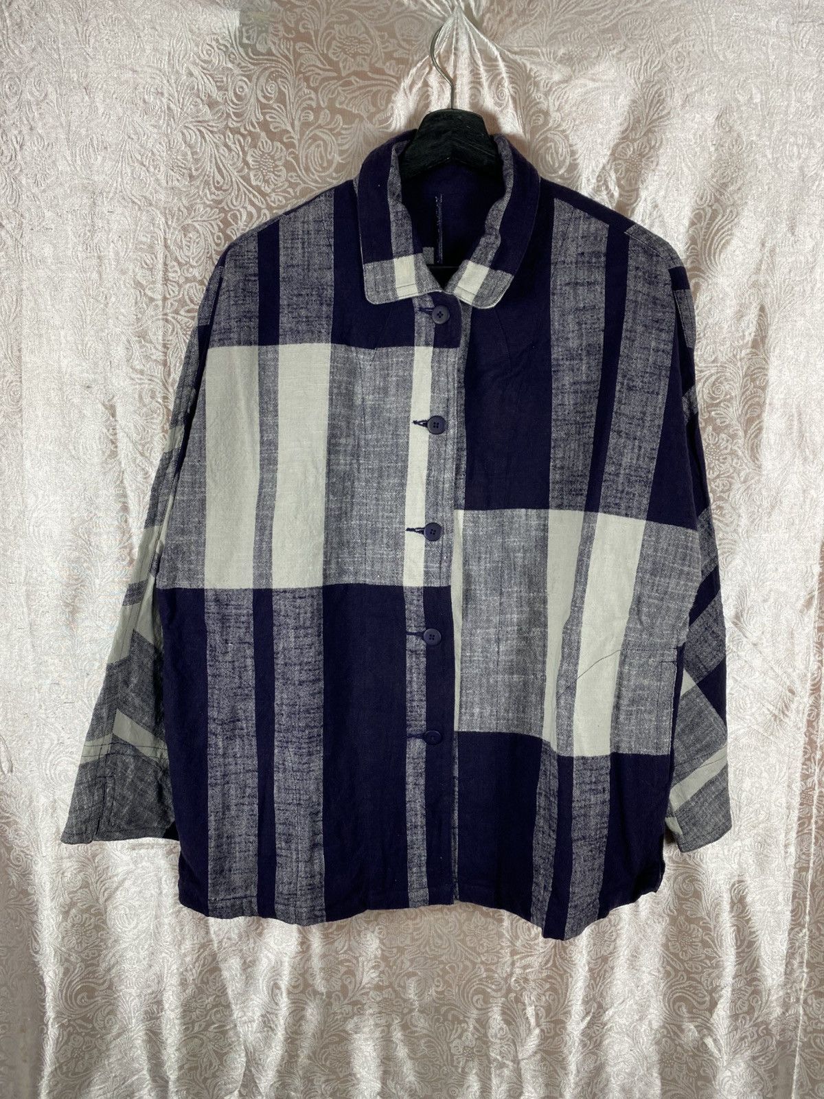 Japanese Brand Japan Soft Co. Ltd Oversized Check Shirt Navy Grey Boxy Size L / US 10 / IT 46 - 3 Thumbnail