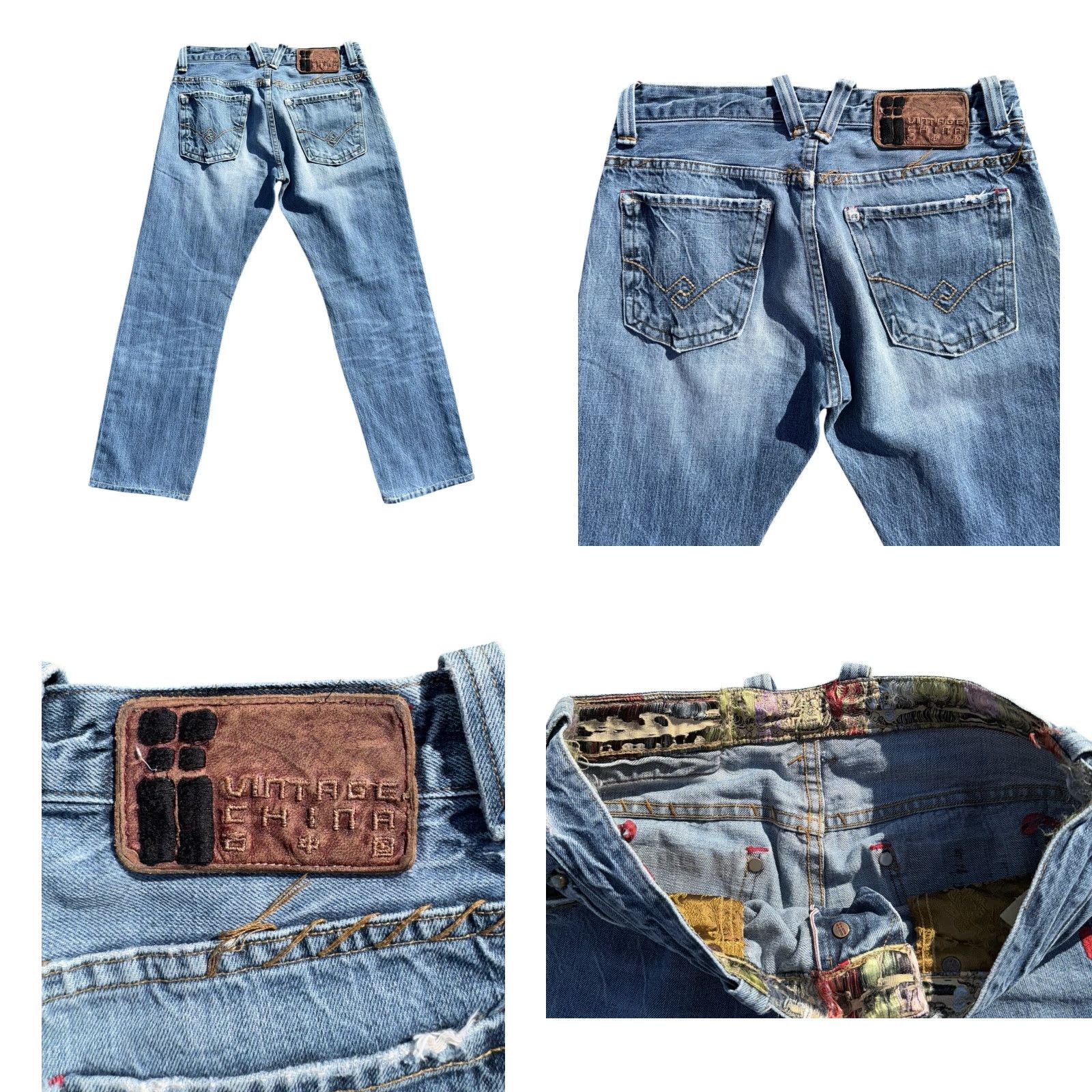 Vintage VINTAGE China Jeans 90s Distressed Repaired Embroidered Satin Selvedge Sz 32 Men Blue Straight Size US 32 / EU 48 - 8 Thumbnail
