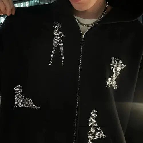 VIBE Streetwear Y2k print girl Oversize Rhinestones Zip Up Hoodie Size US L / EU 52-54 / 3 - 6 Thumbnail