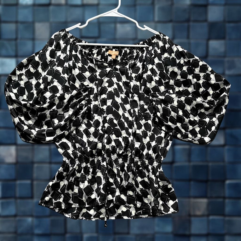 Ellen Tracy Ellen Tracy Blouse Geometric Puff Sleeve Cinched Waist V-Neck Long Sleeve Black White Women's M Size XL / US 12-14 / IT 48-50 - 1 Thumbnail