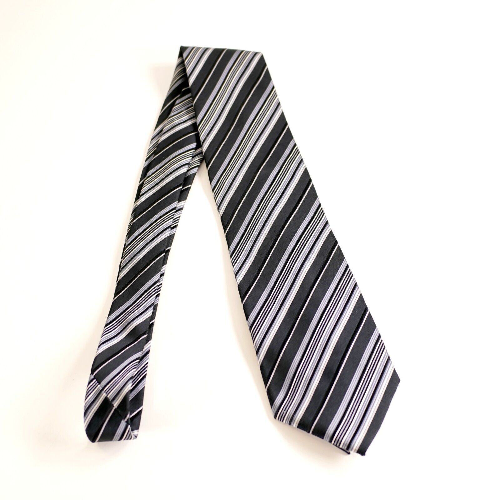 Vintage Vesuvio Napoli Italy Woven Gray Black Striped Long Silk Tie Size ONE SIZE - 6 Thumbnail