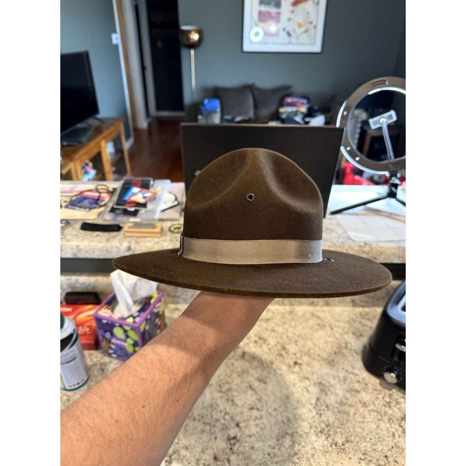 FELT VINTAGE Stratton Drill Sergeant Instructor Campaign Hat 7 USA Solid Wool Felt Brown Mens Size ONE SIZE - 4 Thumbnail