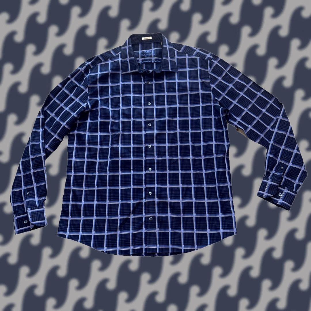 BUGATCHI Bugatchi Shaped Fit Mens Dress Shirt Blue Plaid Long Sleeve Cotton XL Button Size 46R - 1 Thumbnail