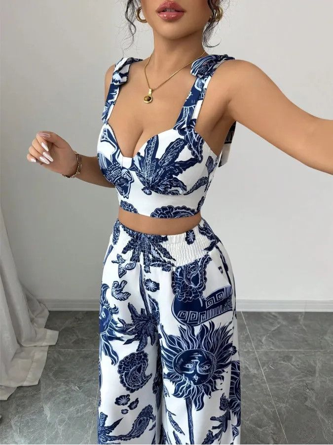 Other Sexy V-neck Strap Vest Loose Crop Top With Wide Leg Pants Size L / US 10 / IT 46 - 4 Thumbnail