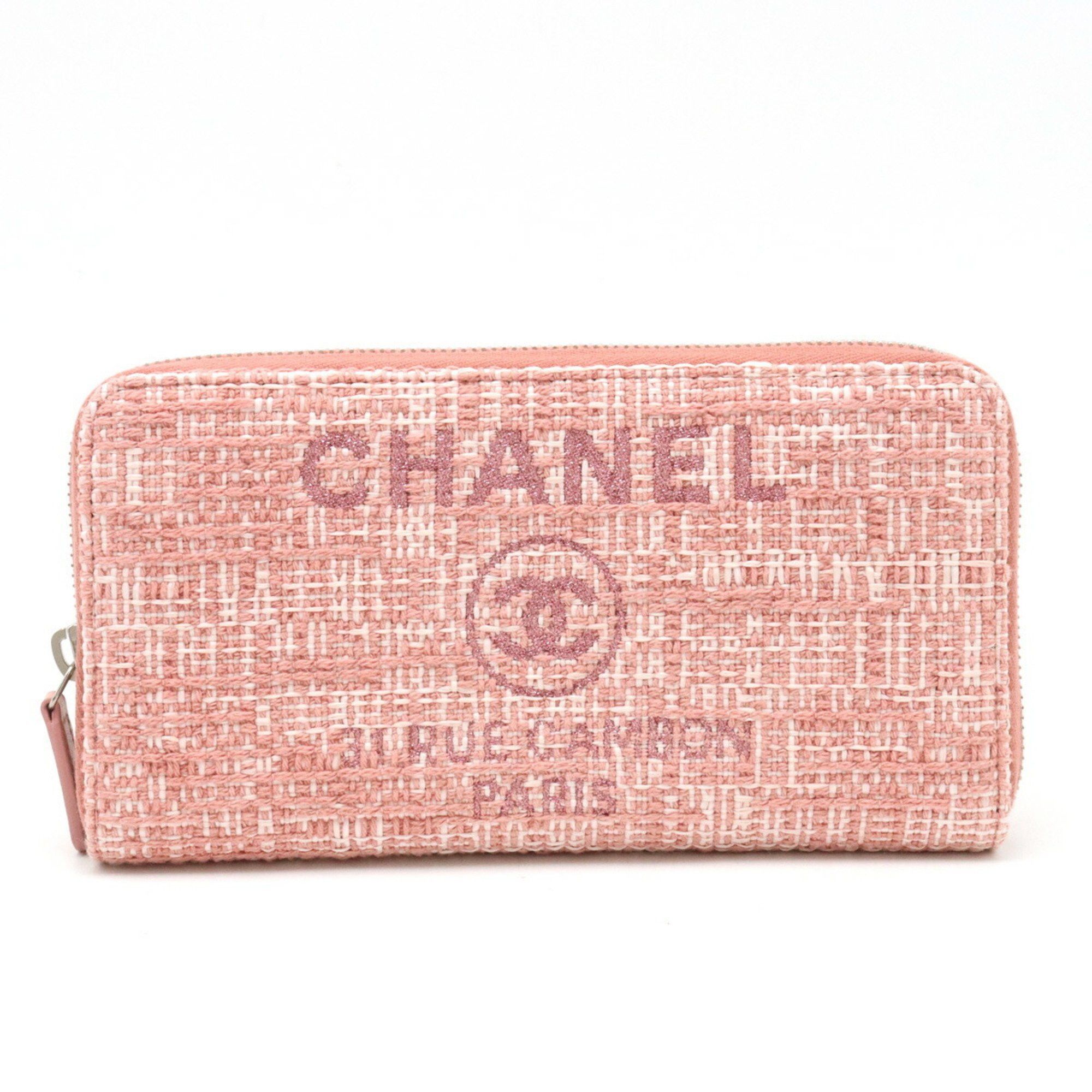 image of Chanel Deauville Line Round Long Wallet Tweed Canvas Leather Lamé Pink A80056, Women's