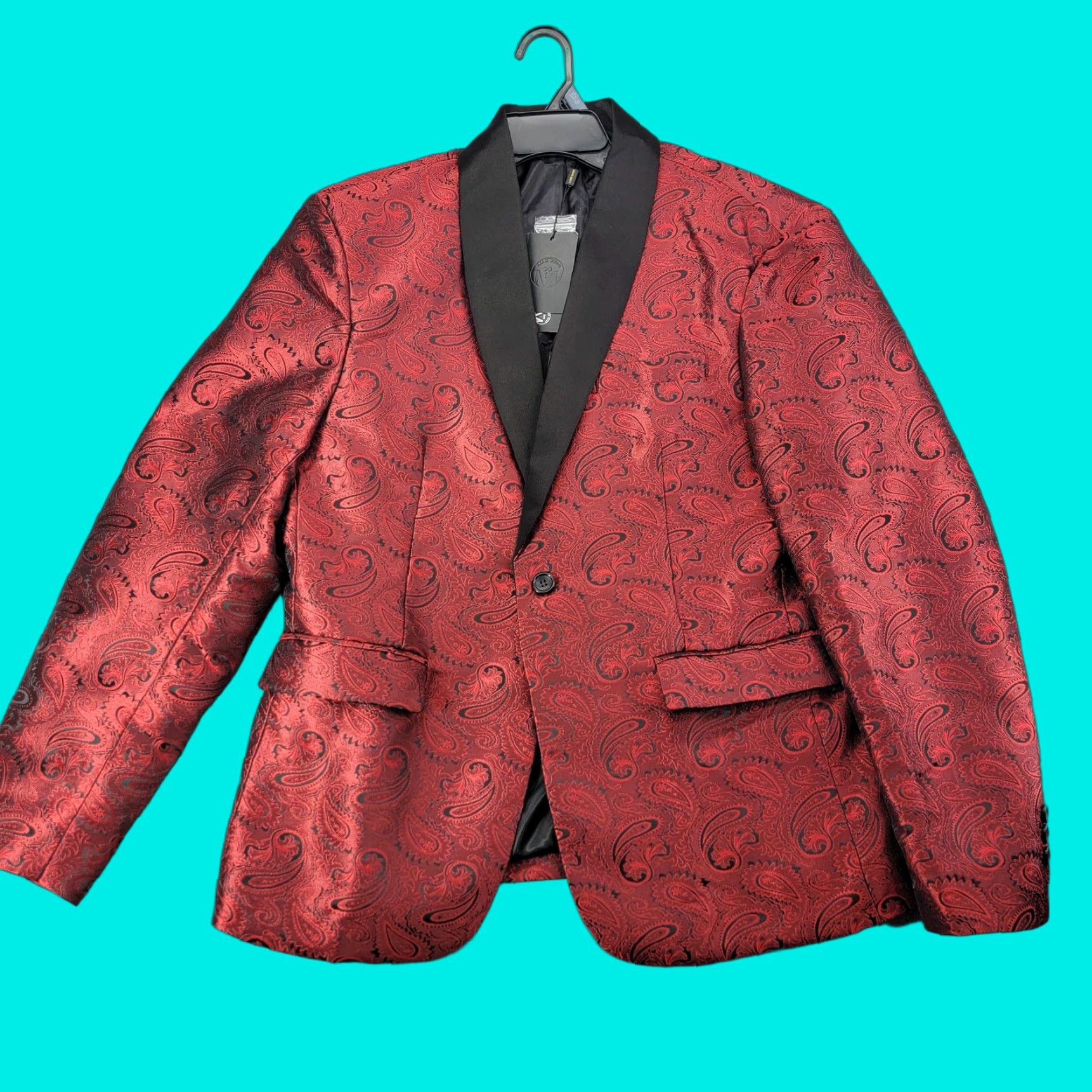 Vintage Mage Male Jacket Mens Large Red Paisley Tuxedo Shawl Lapel Formal Wedding Jacket/Coat Single-Breasted One-Button Shawl Lapel Men's Suit Size 42R - 1 Thumbnail