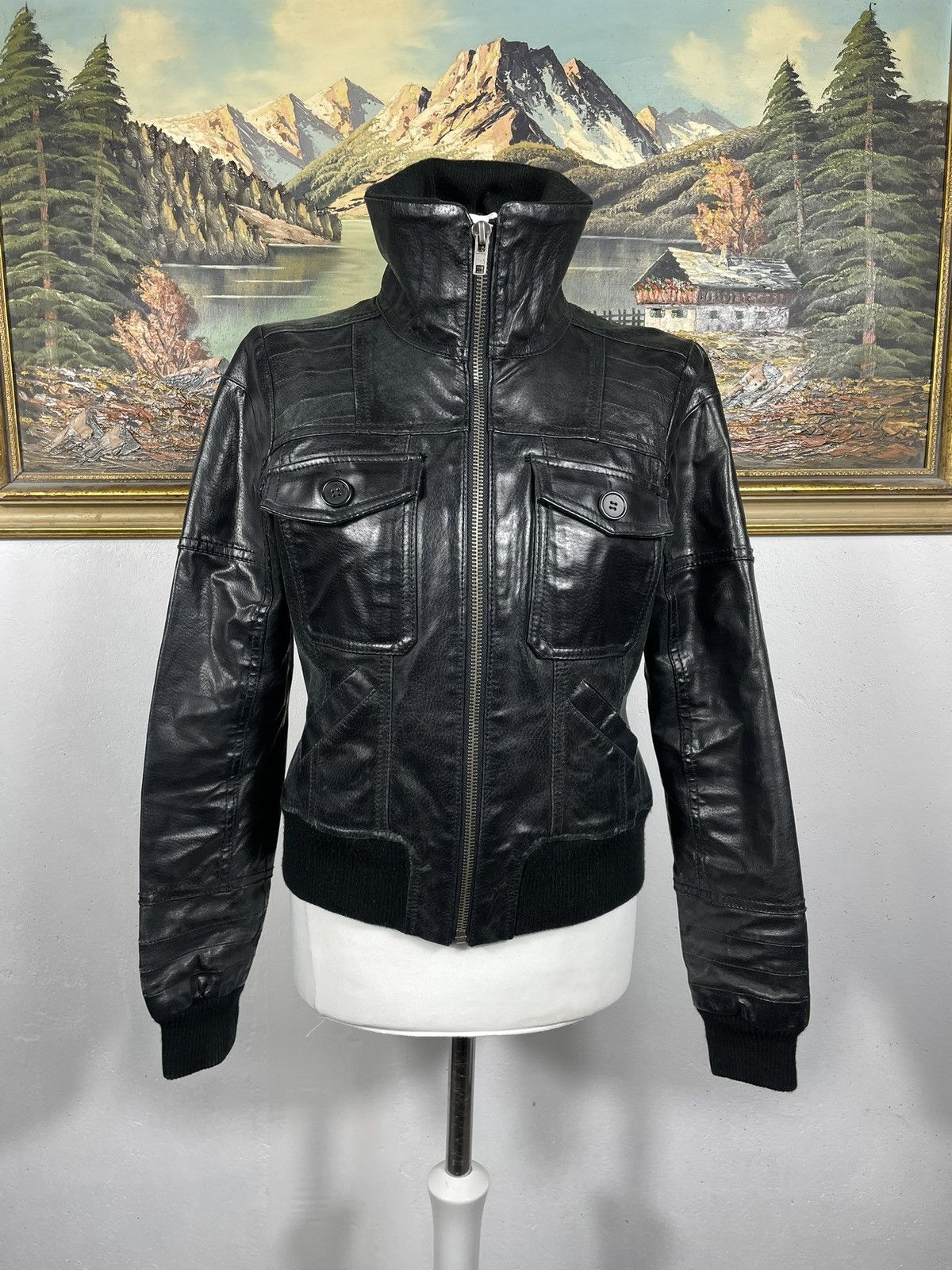 Vintage Washed Black Retro 90s Genuine Real Leater Bomber Punk Rock Size L / US 10 / IT 46 - 2 Thumbnail