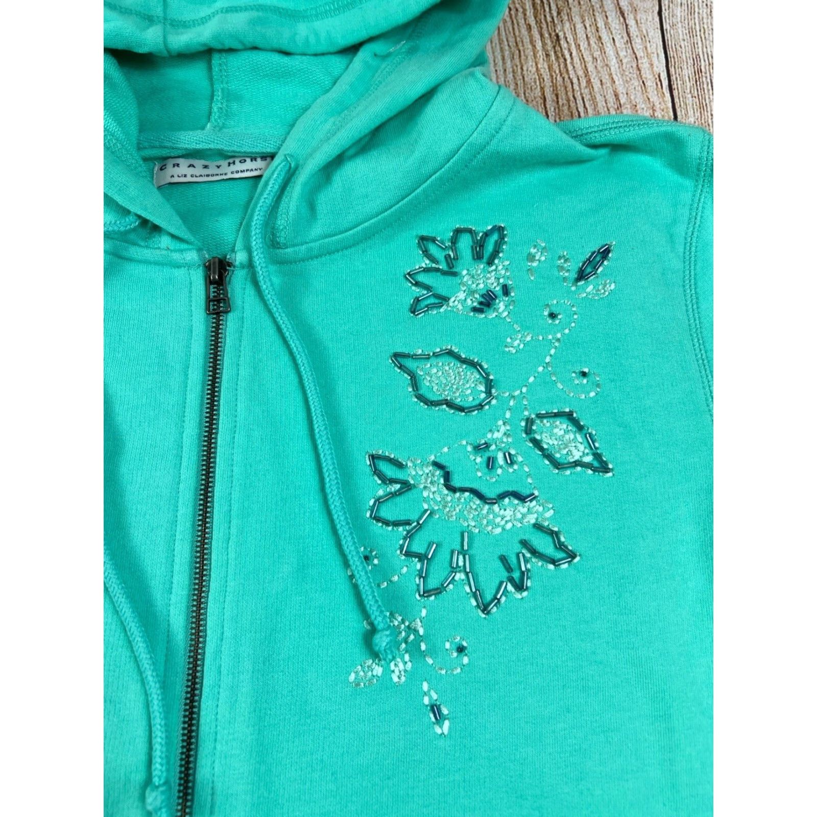 Liz Claiborne NWT Crazy Horse Hooded Jacket Women's XL Mediterranean Sky Flower Green Cotton Zipper Basic Jacket Purse? (Wait) Size XL / US 12-14 / IT 48-50 - 4 Thumbnail