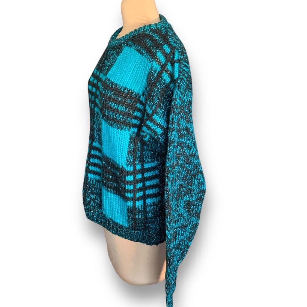 Vintage Vintage Street Scene Teal Black Checkered Plaid Loose Knit Pullover Sweater Size US M / EU 48-50 / 2 - 3 Thumbnail