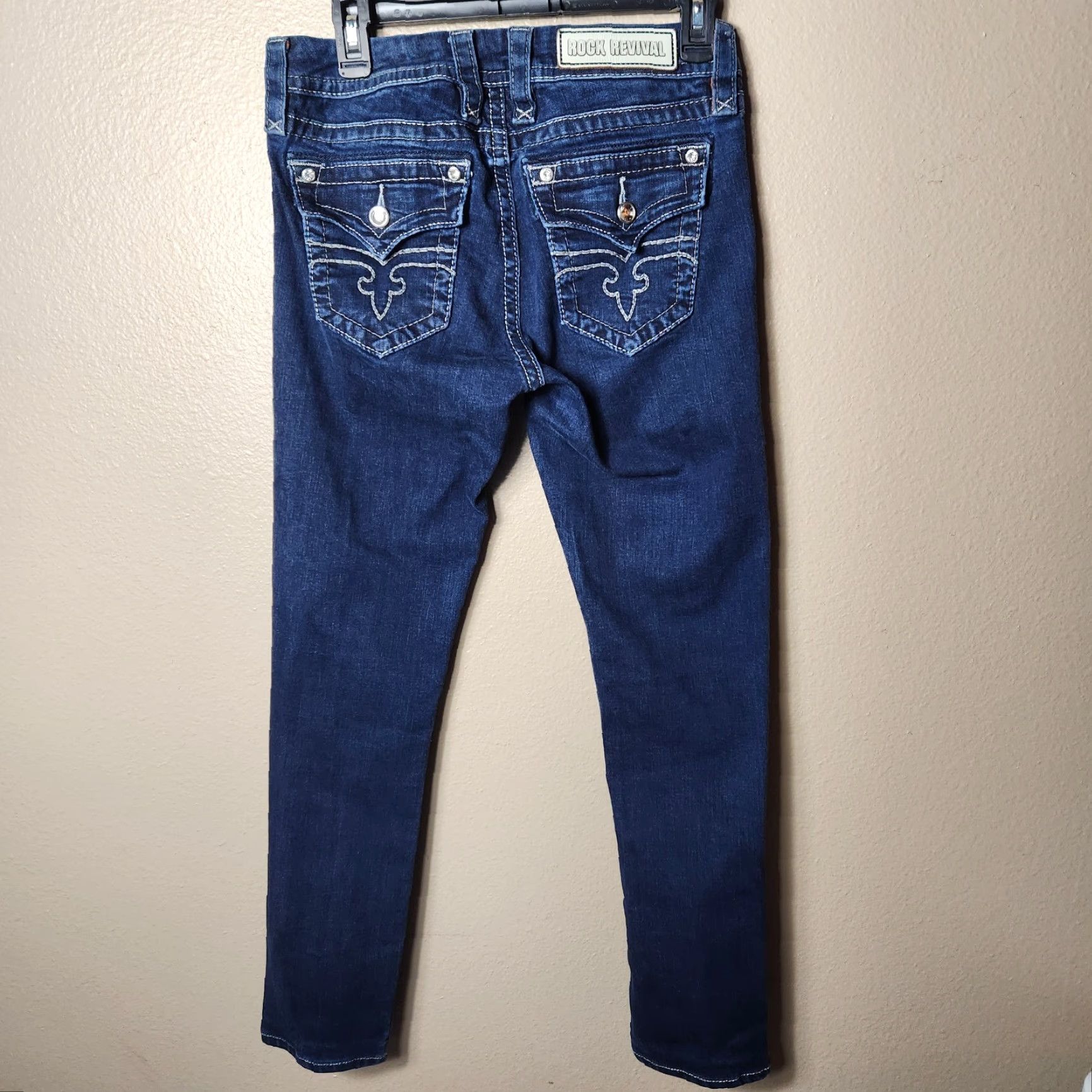 Vintage Rock Revival Jeans Women's Skinny Midrise Flap Pocket Dark Blue 27 Size 27" / US 4 / IT 40 - 5 Thumbnail