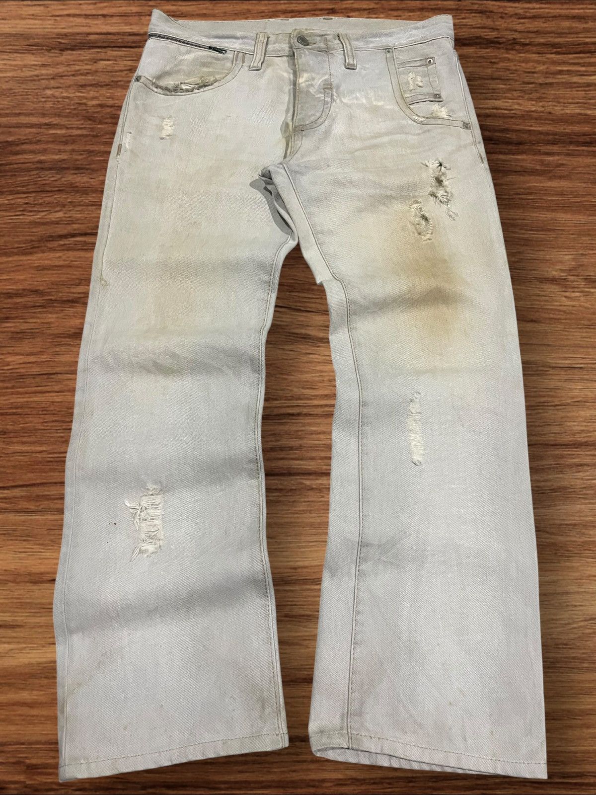 トップス Neil Barrett Layered design button fly Vintage Italian Neil Barrett Distressed Button Fly Mud Jeans