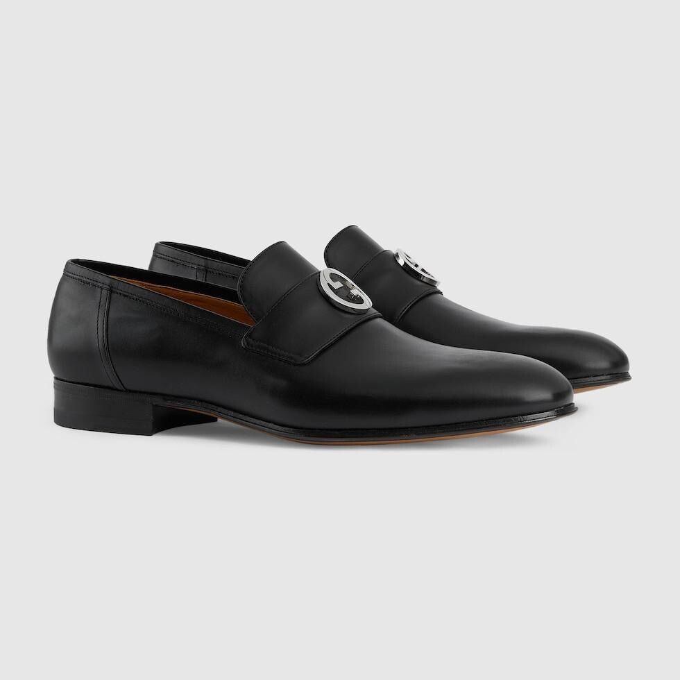 image of Gucci Classic Leather Interlocking Logo Loafer Shoes in Black, Men's (Size 12)