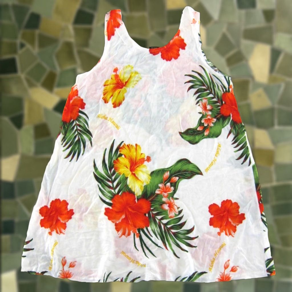 Vintage VTG Aloha Fashion White Orange Green Hawaiian Floral Tank Tunic Sun Dress Large Size L / US 10 / IT 46 - 1 Thumbnail