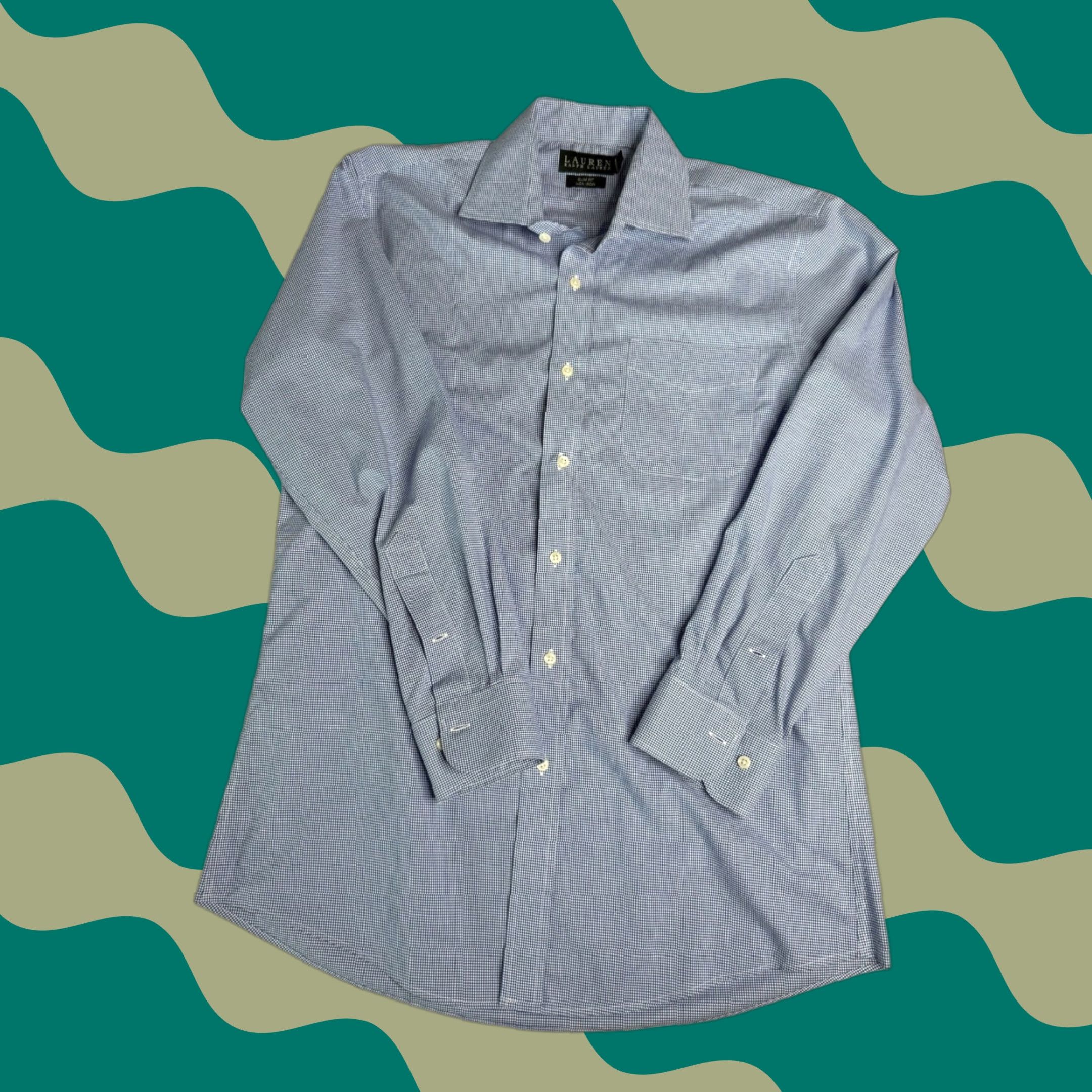 Ralph Lauren VINTAGE? No. (Skip) -> Lauren Ralph Lauren Mens Slim Fit Blue Gingham Check Dress Shirt 16 Size 42R - 1 Thumbnail