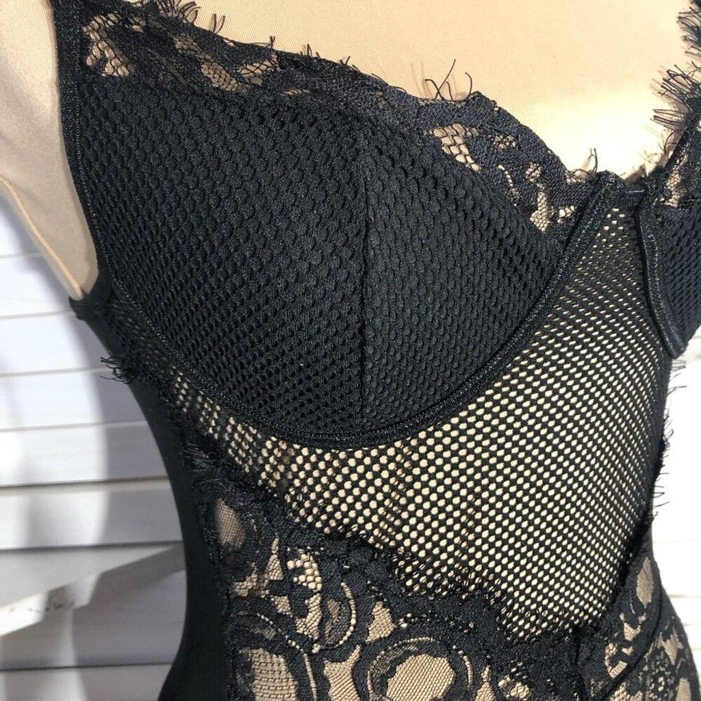 Vintage Y2K Bustier Bodysuit Lace Sheer Mesh Floral Black sz S Size ONE SIZE - 9 Thumbnail