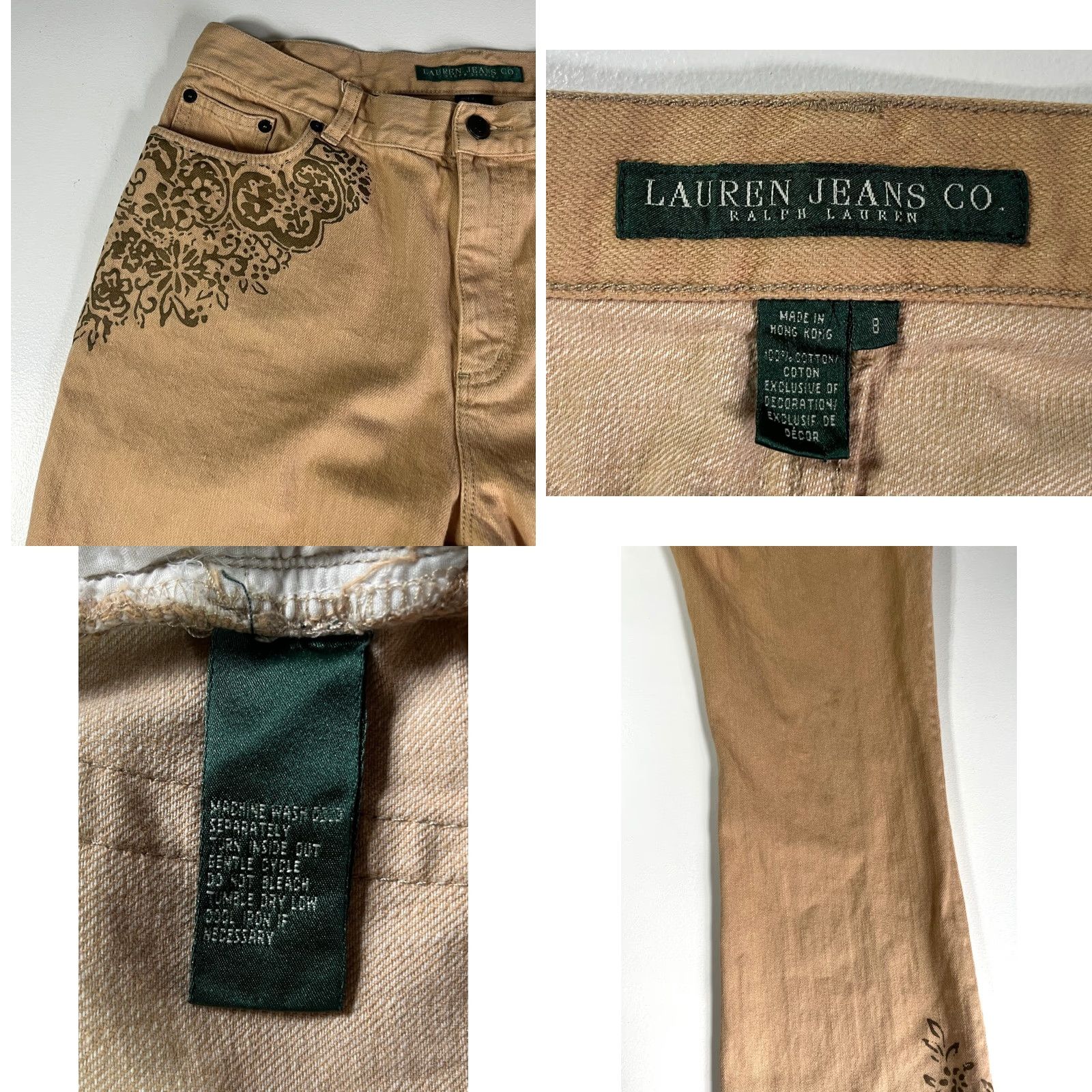 Ralph Lauren VINTAGE Lauren Ralph Lauren Women's Floral Stencil Flared Jeans Sz 8 Tan 90s Boho Jeans Size 30" / US 8 / IT 44 - 8 Thumbnail