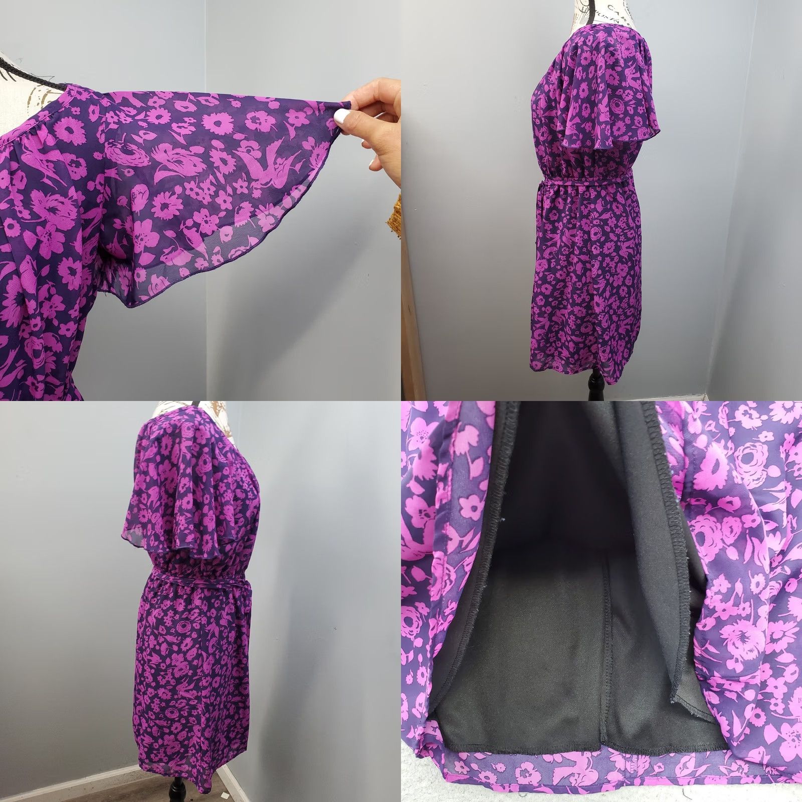 Vintage Fishbowl Mini Dress Womens Size S Purple Floral Cinch Waist Chiffon Flutter Sleeve Size S / US 4 / IT 40 - 8 Thumbnail