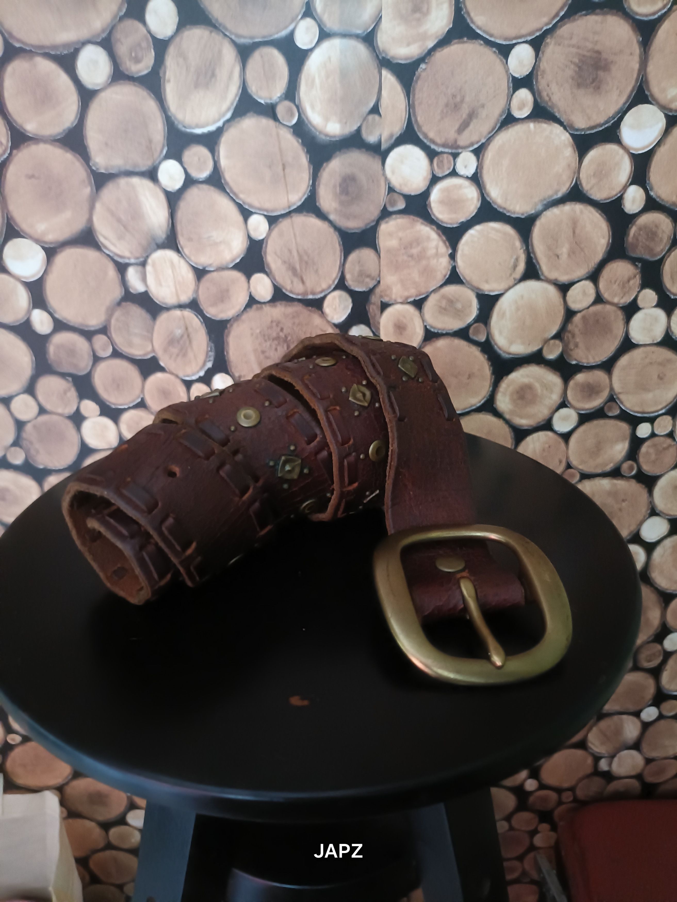 Vintage lucky brass riveted cracked textured leather belt