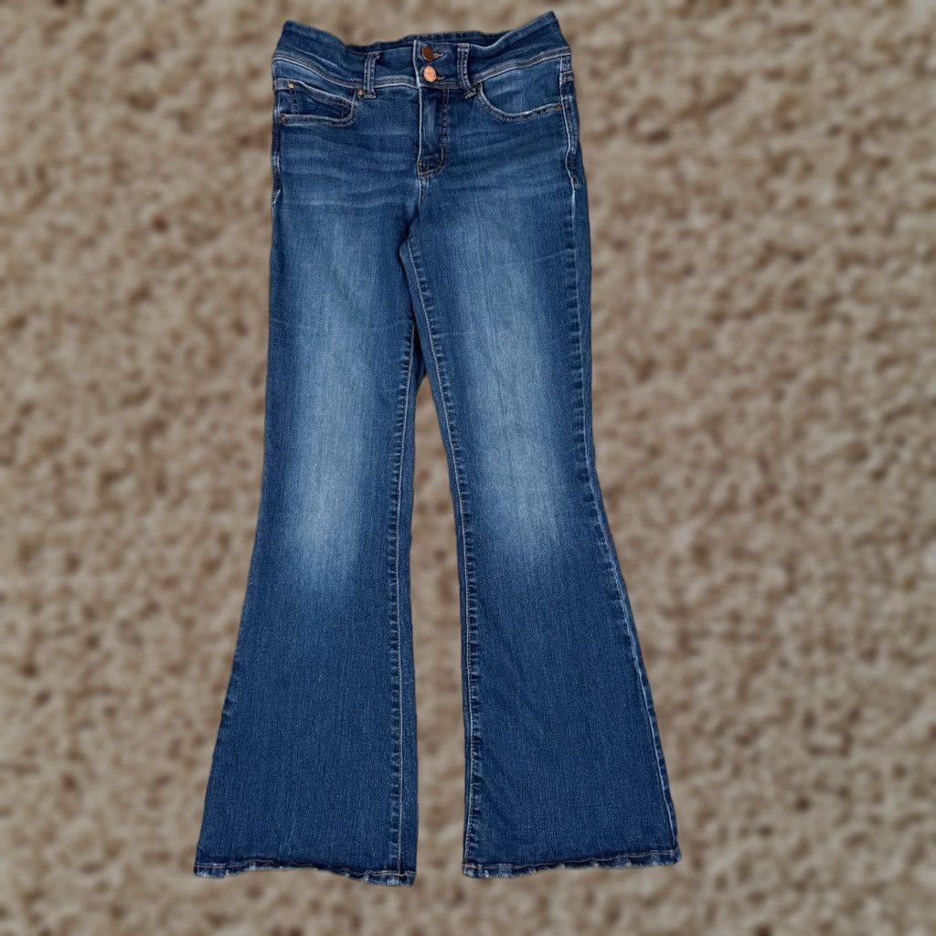 Vintage Maurices Jeans Womens 6 Blue Denim Flared Mid 27x29 5-Pocket Design Distressed Button Zipper Vintage No Size 28" / US 6 / IT 42 - 1 Thumbnail