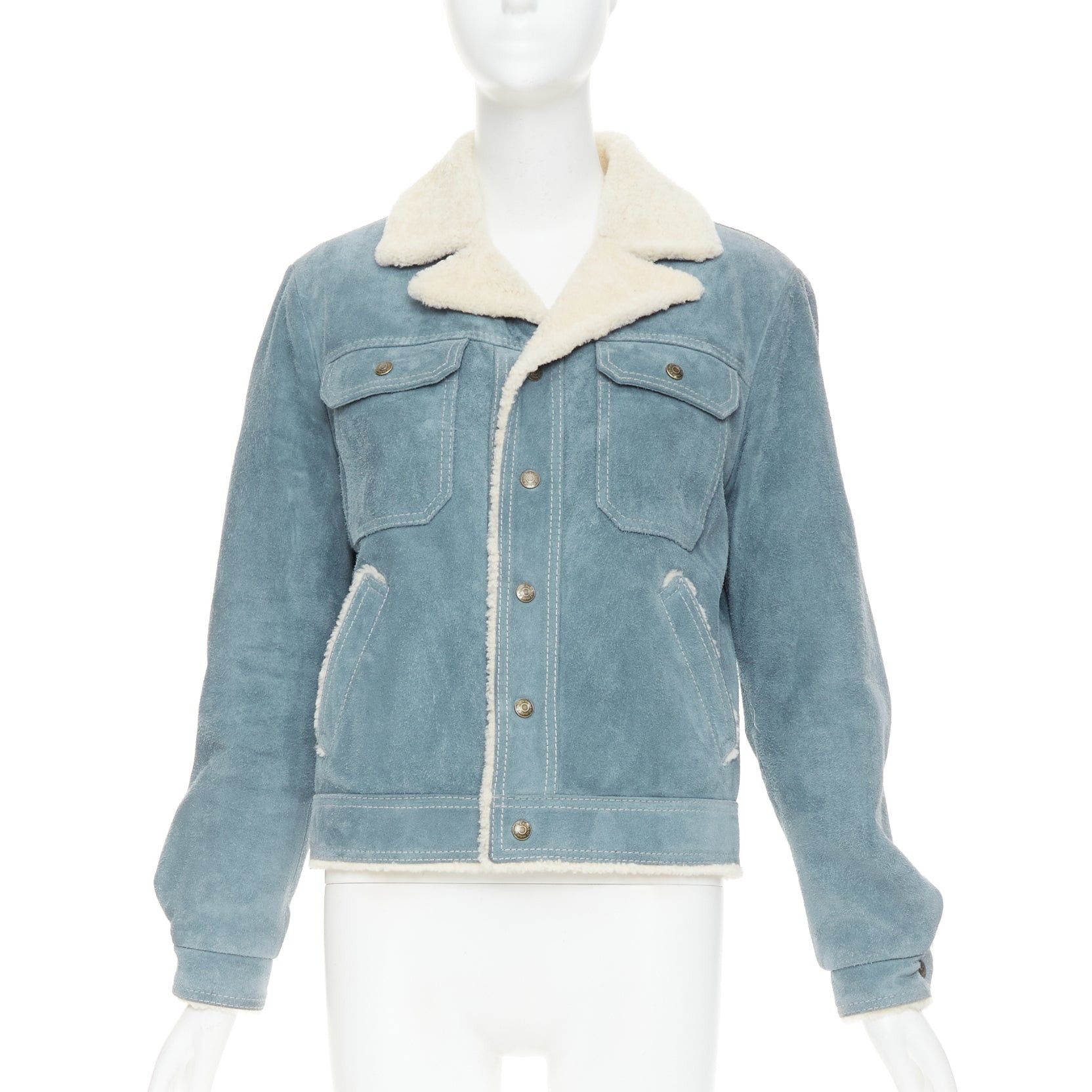 Saint Laurent Paris SAINT LAURENT 2018 blue suede cream shearing lined trucker jacket FR44 XS Size US XS / EU 42 / 0 - 1 Thumbnail