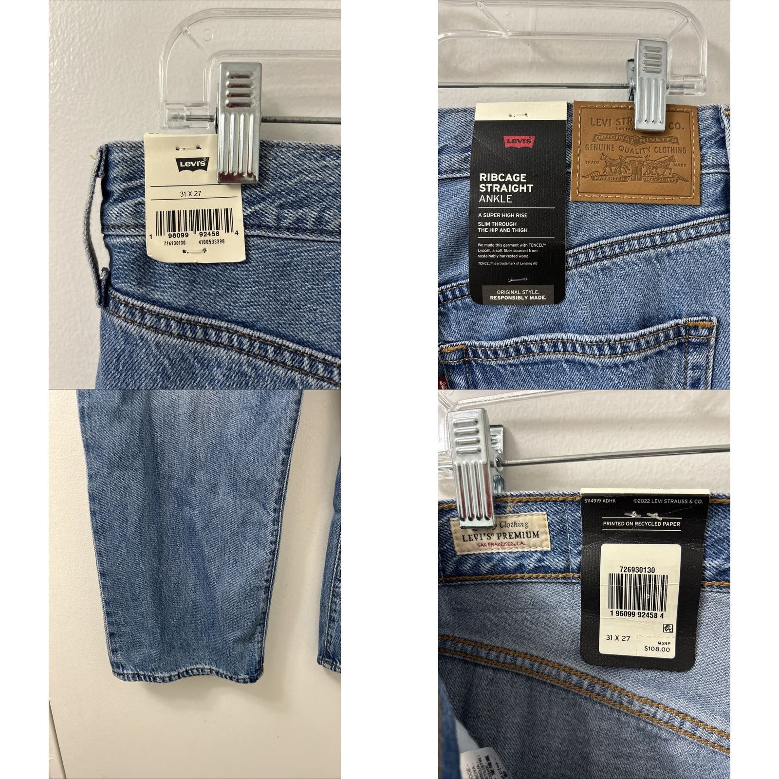 Levi's Levi's Premium Big E Jeans Womens 31x27 Blue Denim Ribcage Straight Ankle Button Size 24" / US 00 / IT 34 - 8 Thumbnail