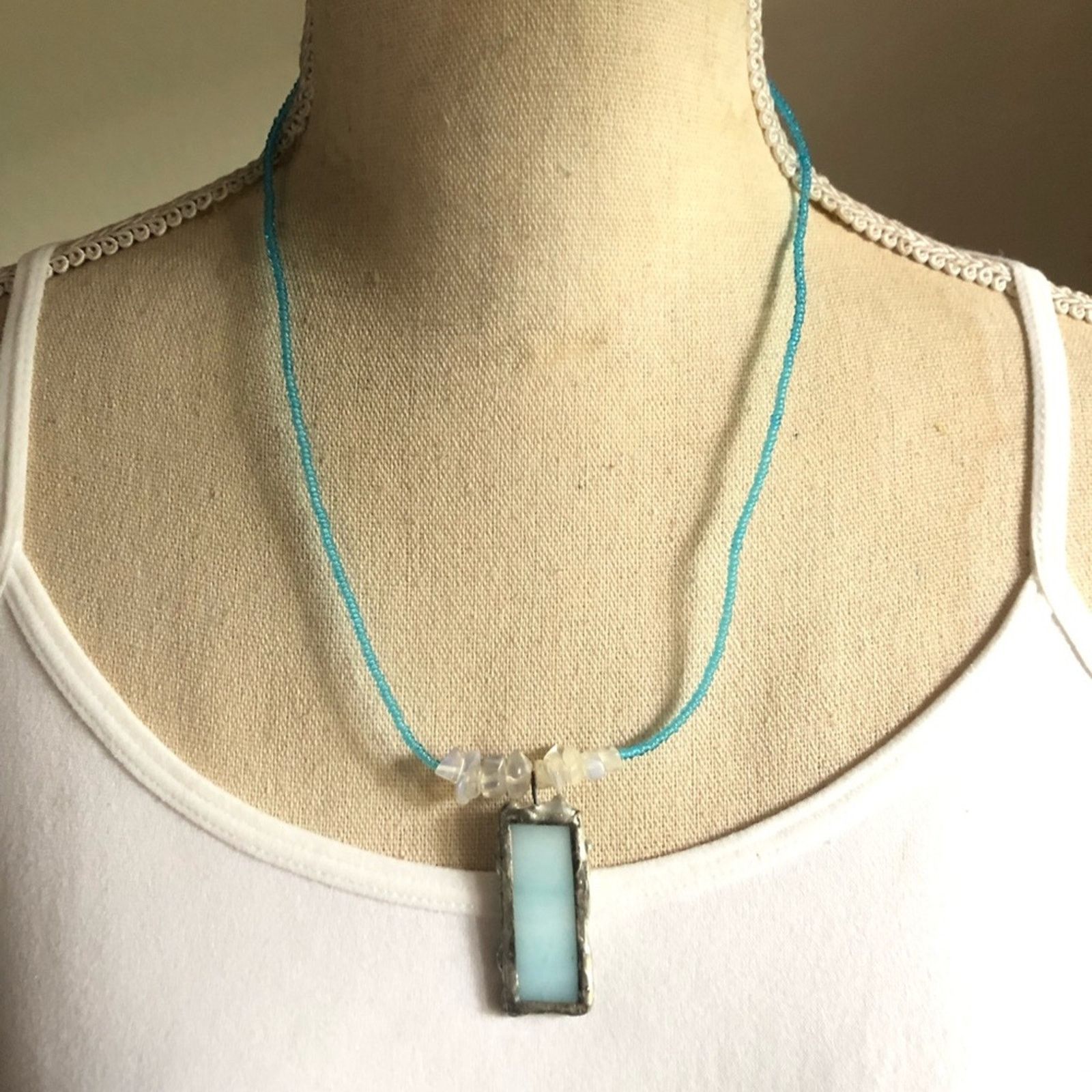 Handmade Handcrafted stained glass pendant beaded necklace Size ONE SIZE - 3 Thumbnail