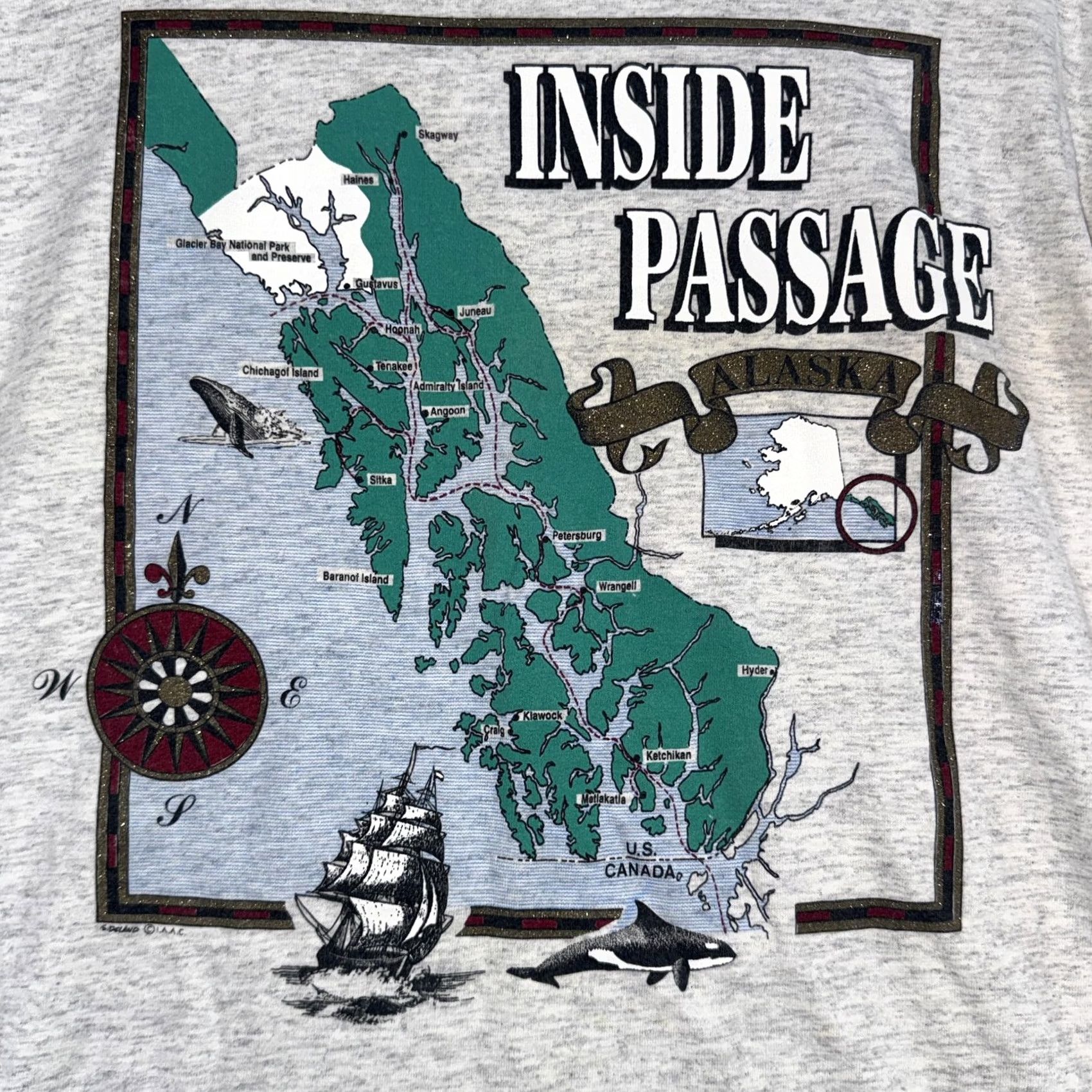 Delta VINTAGE Delta Alaska Map Graphic Shirt Mens XL Gray 90s Inside Passage Travel Nautical Crew Neck Short Sleeve Graphic Print Mens Size US XL / EU 56 / 4 - 4 Thumbnail