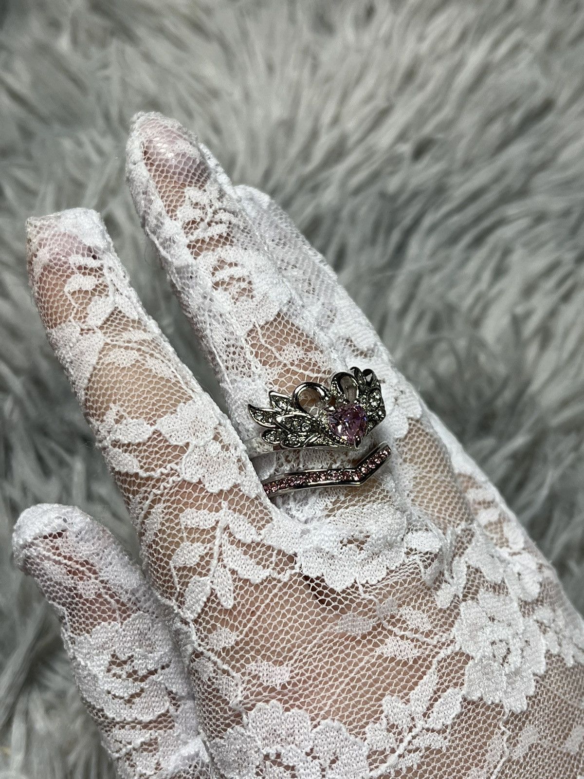Jewelry Romantic Swan Crown Ring Set – Silver & Pink Gemstones Size ONE SIZE - 2 Thumbnail