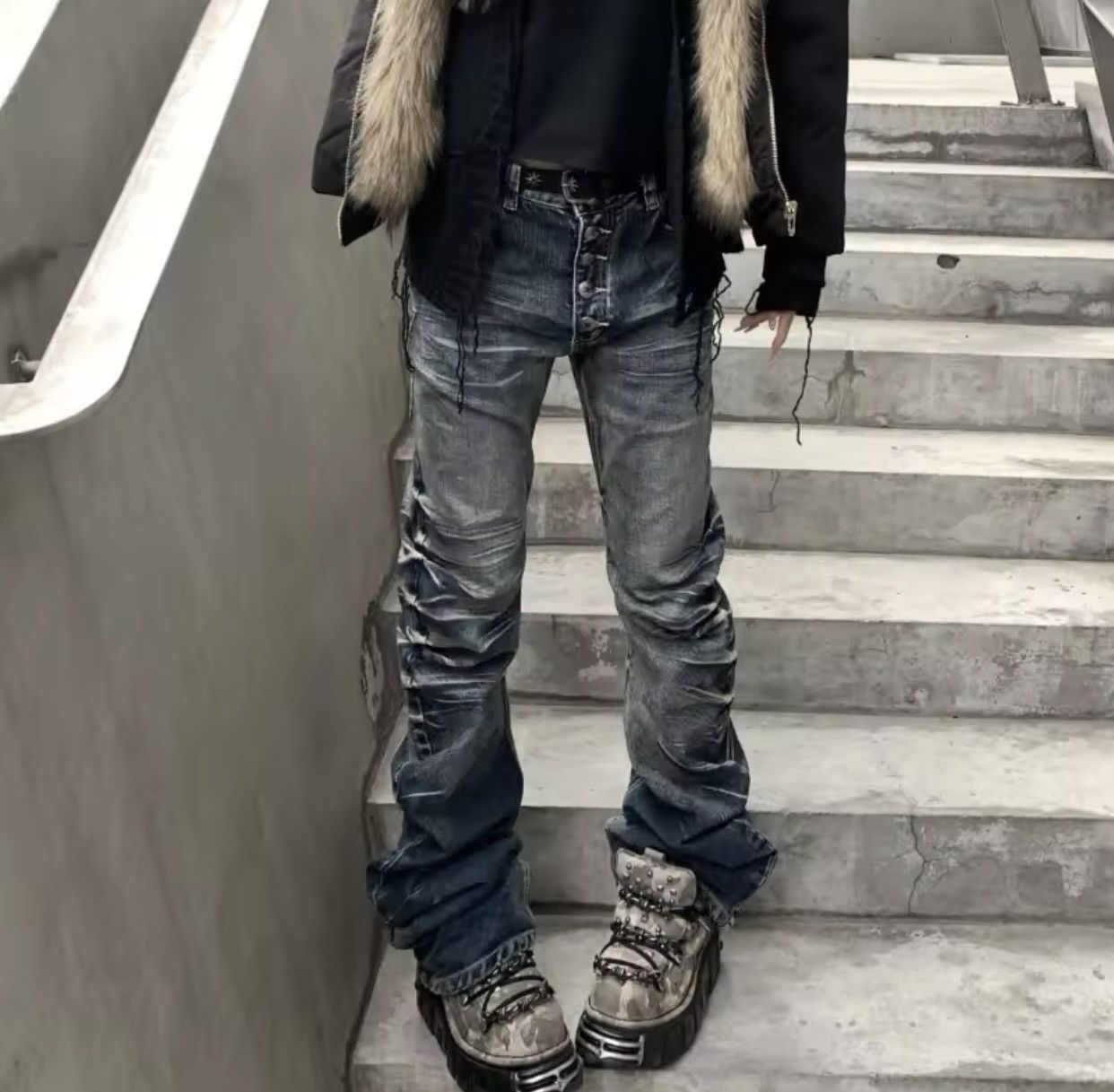 Denime × Jean American Retro Y2K Crack Wash Jeans Size US 31 - 1 Thumbnail