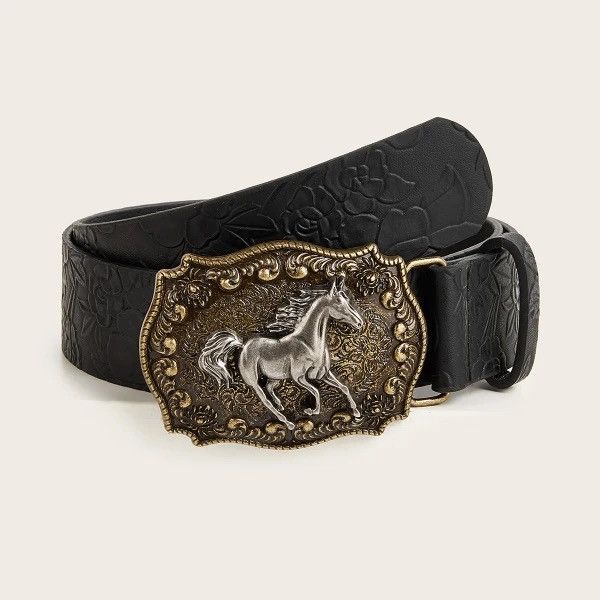 Designer Neutral horse head buckle peony pattern PU belt Size ONE SIZE - 1 Thumbnail