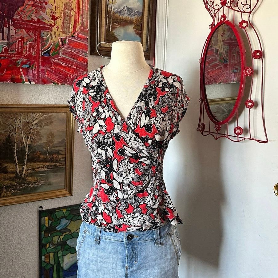 Other talbots red black white floral wrap short sleeve blouse Size L / US 10 / IT 46 - 1 Thumbnail