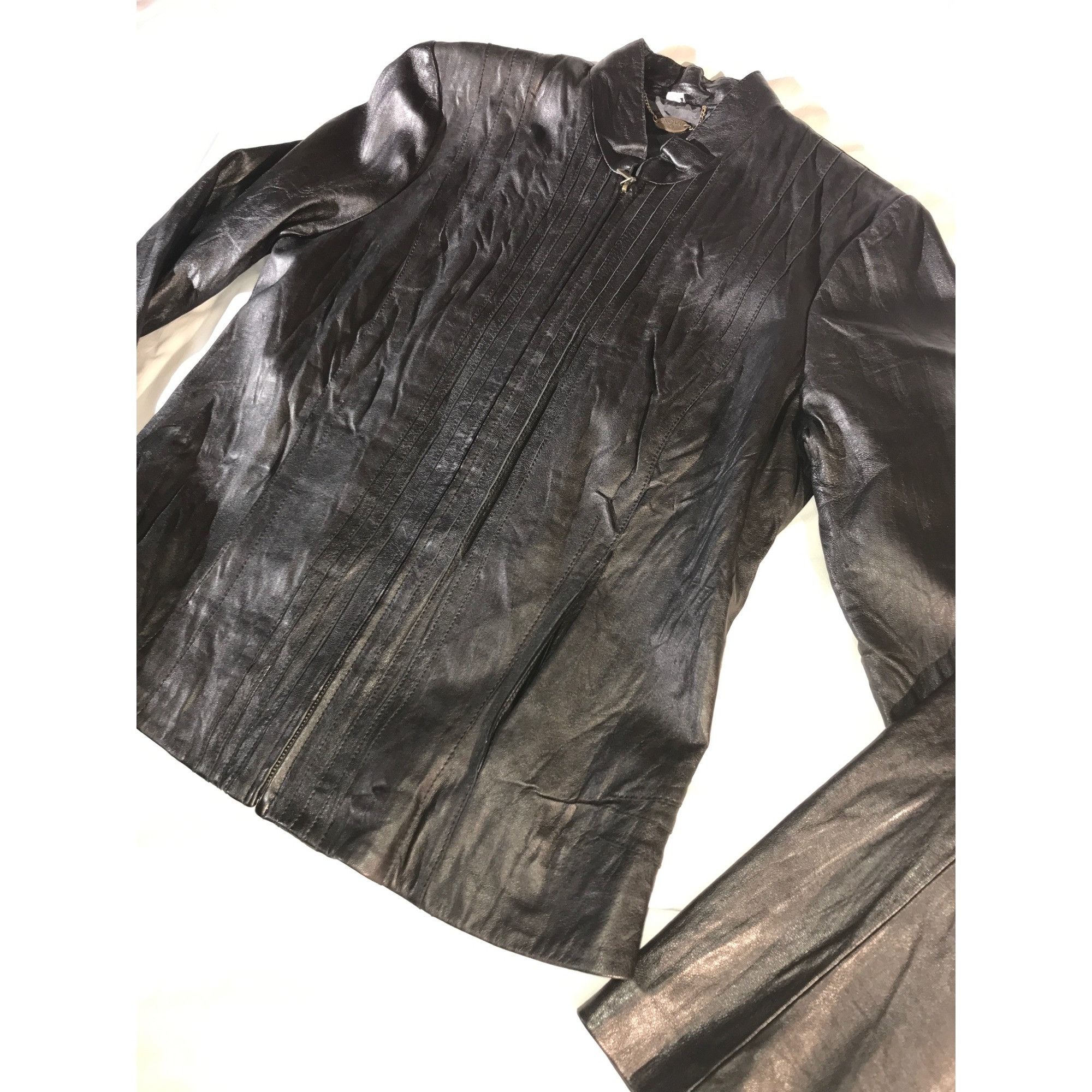 Vintage XCVI Women's Black Leather Multi-Seamed Full Zip Jacket Size L / US 10 / IT 46 - 3 Thumbnail