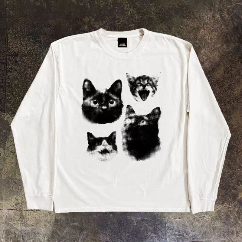 Vintage White retro cute cat print long-sleeved t-shirt Size US M / EU 48-50 / 2 - 1 Thumbnail