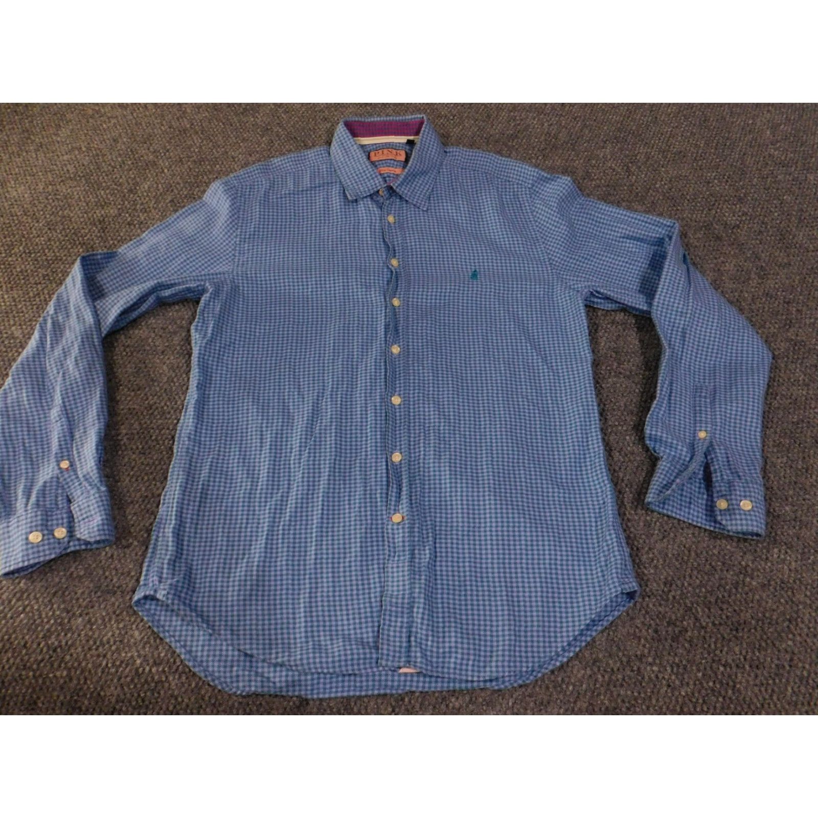 Pinko Thomas Pink Shirt Large Blue Houndstooth Slim Casual Long Sleeve Button Up Mens Size US L / EU 52-54 / 3 - 4 Thumbnail