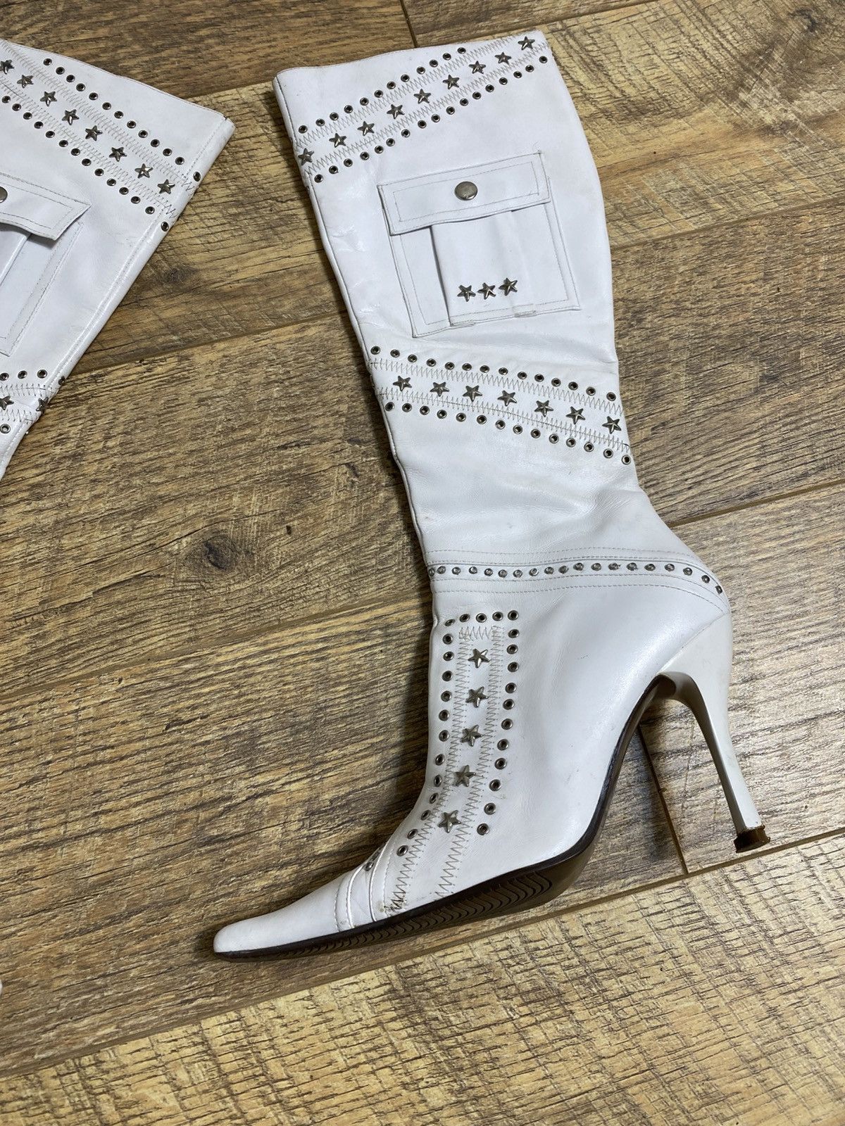 Japanese Brand Rare Archive White Leather Star Studded Pocket Boots Y2K Size US 5 / IT 35 - 3 Thumbnail