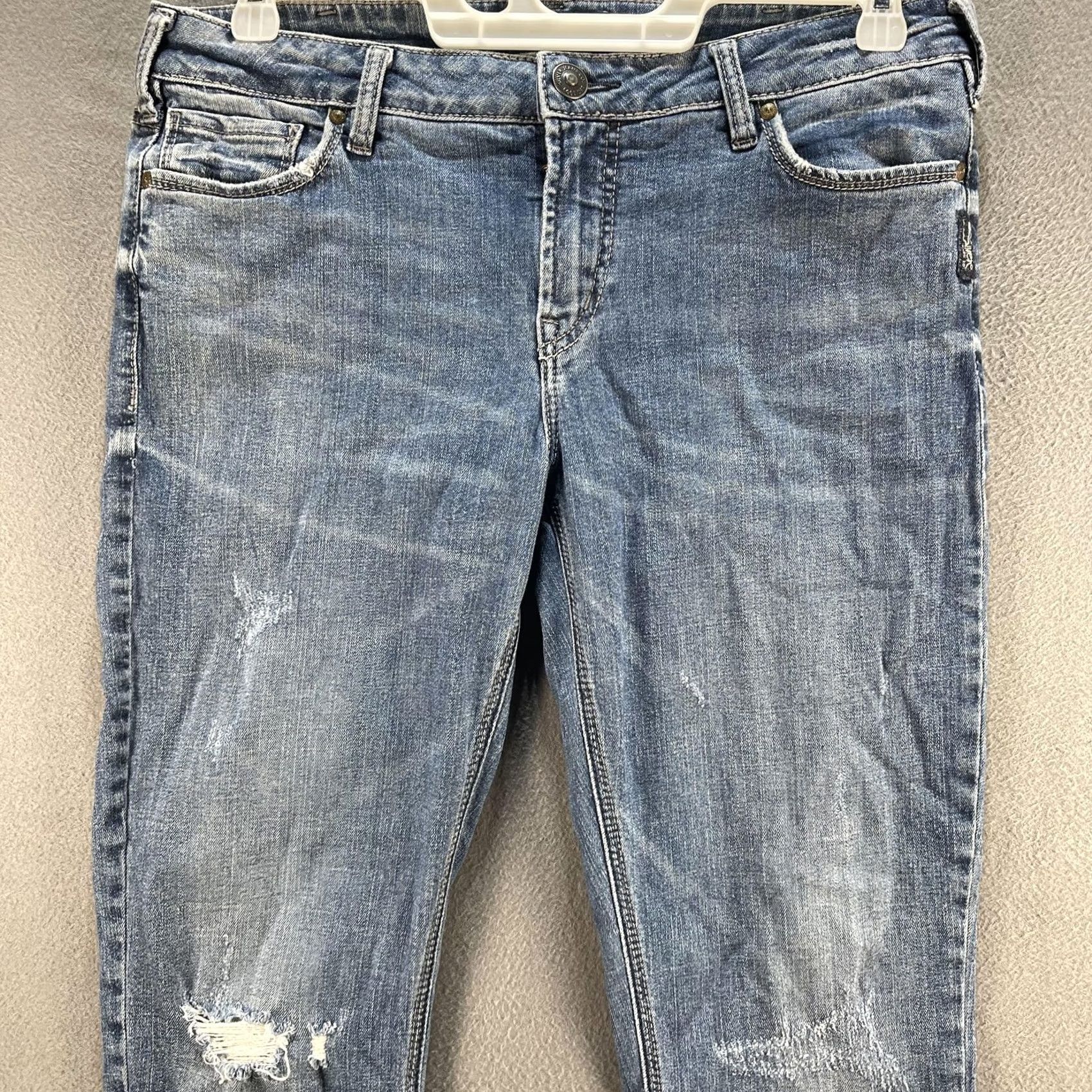 Silver Jeans Co. Silver Jeans Co. Calley Ankle Skinny Jeans Womens 34 Blue Distressed Raw Hem Denim Cotton Elastane Mid Wash Embroidered Pockets 5 Pocket Zip Size 24" / US 00 / IT 34 - 3 Thumbnail